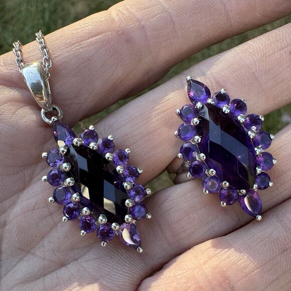Vintage Estate Amethyst Pendant & Ring Set 925 Sterling Silver Marquise Size 9 - Picture 5 of 17